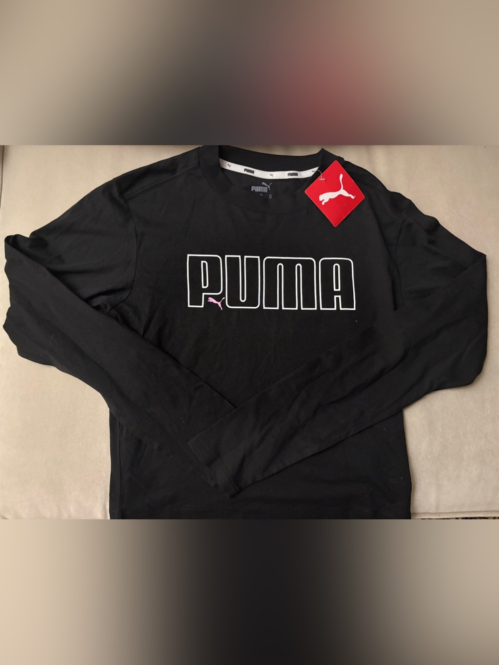 Puma Black Long-Sleeve Tee with White Outline Logo and Purple Accent